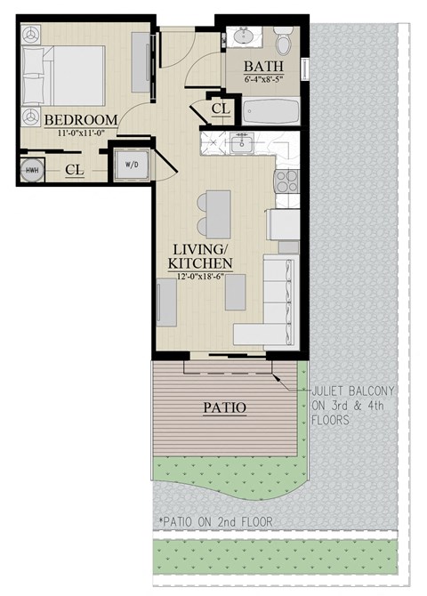 Floor plan for studio, 1 bath, 515 sqft